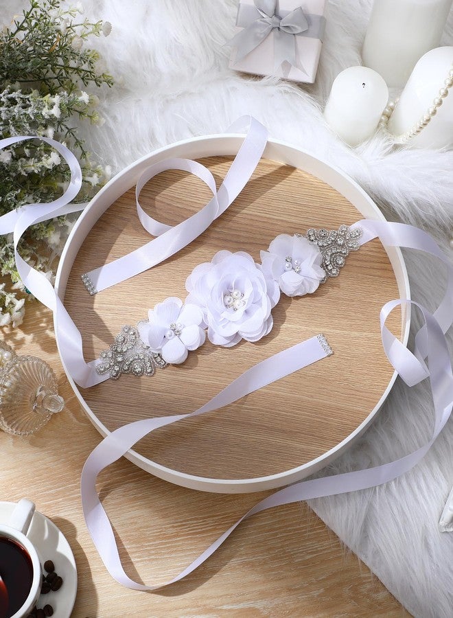 Glitopper Wedding Bridal Belt Sash with Flower Rhinestone Pearl for Bride Bridesmaid Maternity Flower Dress(White) - Image 4